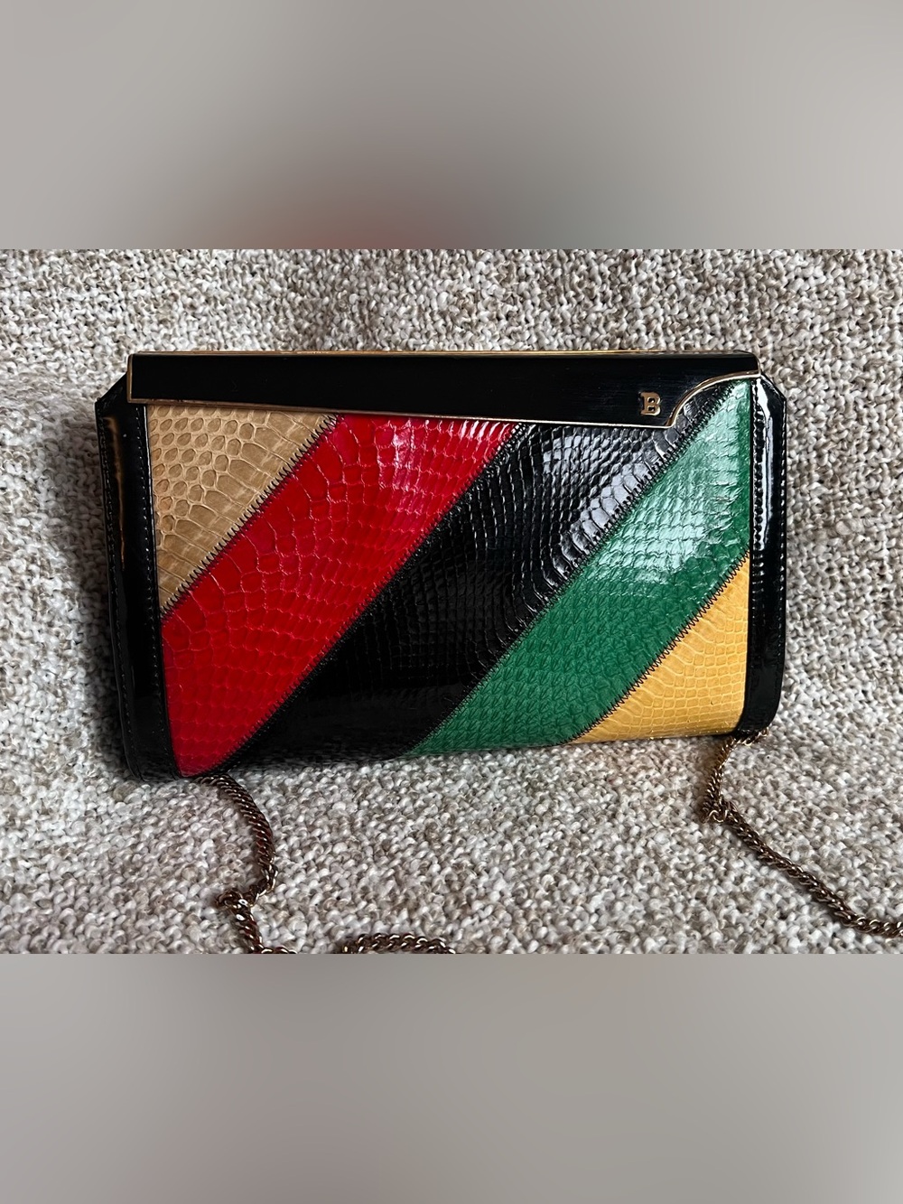 Vintage BALLY Colorblock Snakeskin Chain Shoulder Bag Clutch Purse Italy
